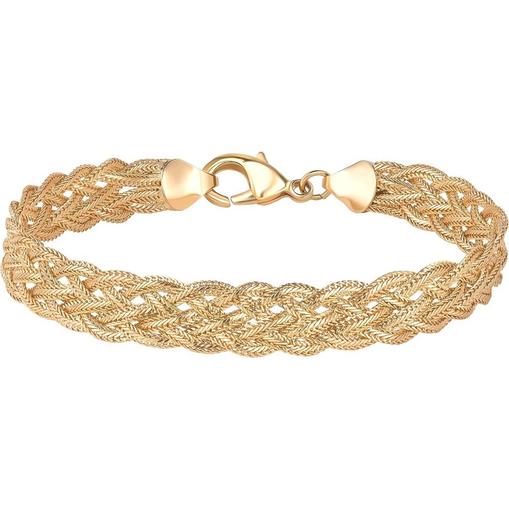 18K Gold Plated Strand Braided Herringbone Mesh Bracelet, 7.5 Inches 8.5mm wide